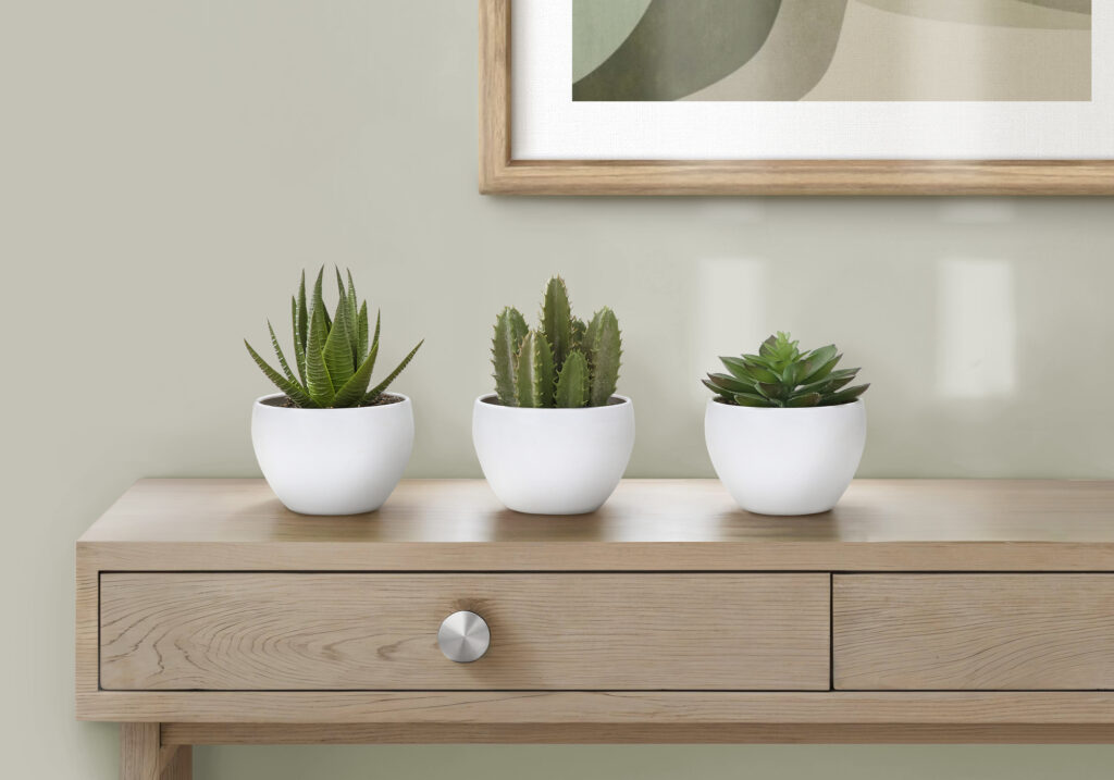 Artificial Plant, 6″ Tall, Succulent, Indoor, Faux, Fake, Table, Greenery, Potted, Set Of 3, Decorative, Green Plants, White Pots