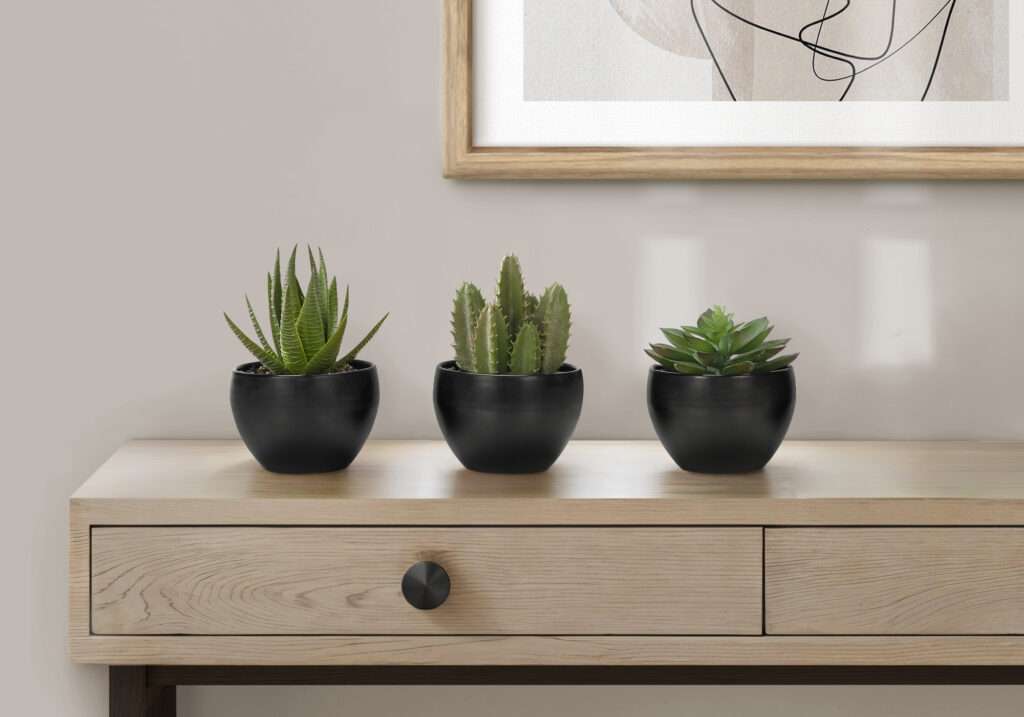 Artificial Plant, 6″ Tall, Succulent, Indoor, Faux, Fake, Table, Greenery, Potted, Set Of 3, Decorative, Green Plants, Black Pots