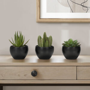 Artificial Plant, 6" Tall, Succulent, Indoor, Faux, Fake, Table, Greenery, Potted, Set Of 3, Decorative, Green Plants, Black Pots