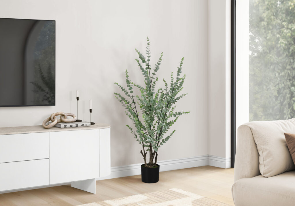 Artificial Plant, 44″ Tall, Eucalyptus Tree, Indoor, Faux, Fake, Floor, Greenery, Potted, Real Touch, Decorative, Green Leaves, Black Pot