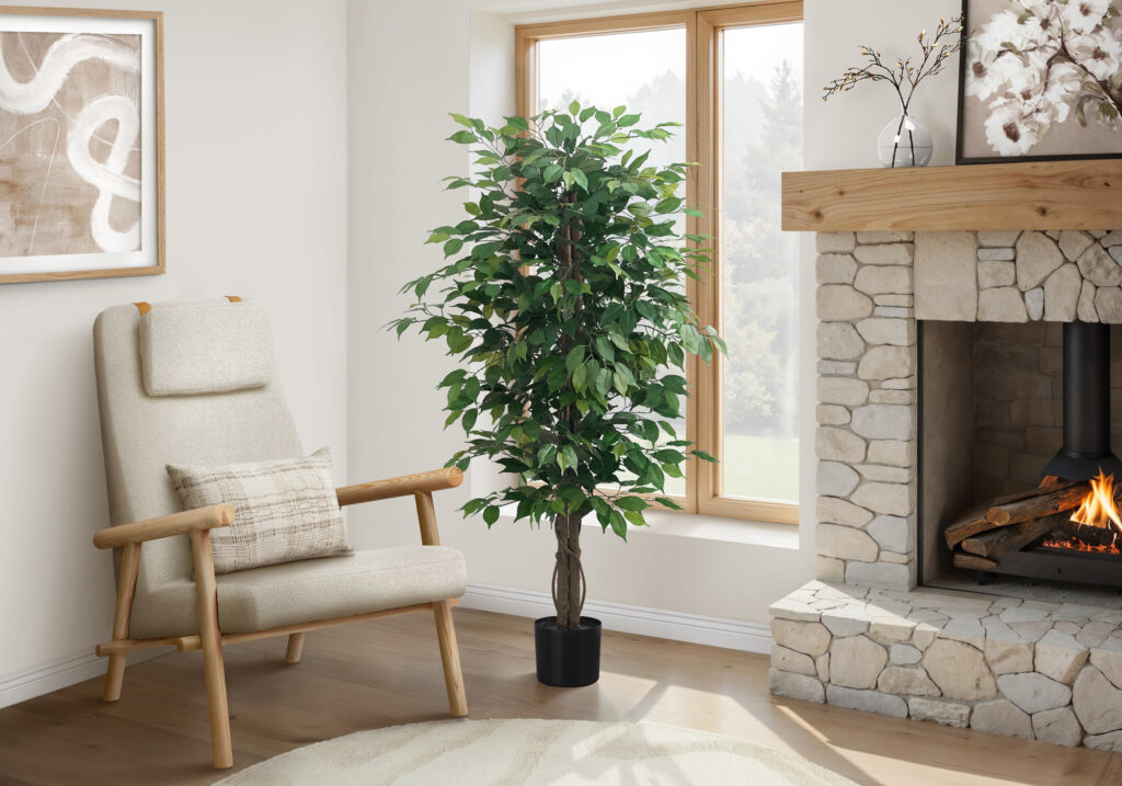 Artificial Plant, 58″ Tall, Ficus Tree, Indoor, Faux, Fake, Floor, Greenery, Potted, Decorative, Green Leaves, Black Pot