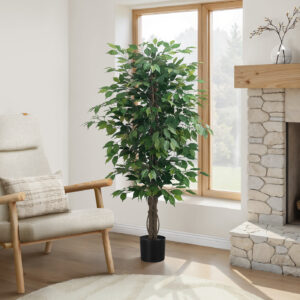 Artificial Plant, 58" Tall, Ficus Tree, Indoor, Faux, Fake, Floor, Greenery, Potted, Decorative, Green Leaves, Black Pot