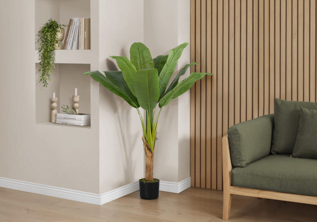 Artificial Plant, 43″ Tall, Banana Tree, Indoor, Faux, Fake, Floor, Greenery, Potted, Real Touch, Decorative, Green Leaves, Black Pot
