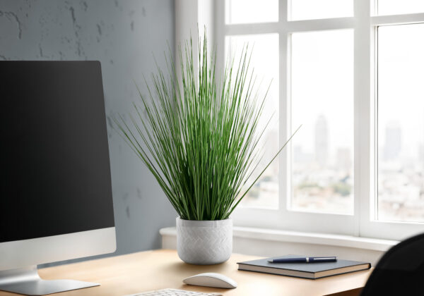 Artificial Plant, 21″ Tall, Grass, Indoor, Faux, Fake, Table, Greenery, Potted, Real Touch, Decorative, Green Grass, White Pot