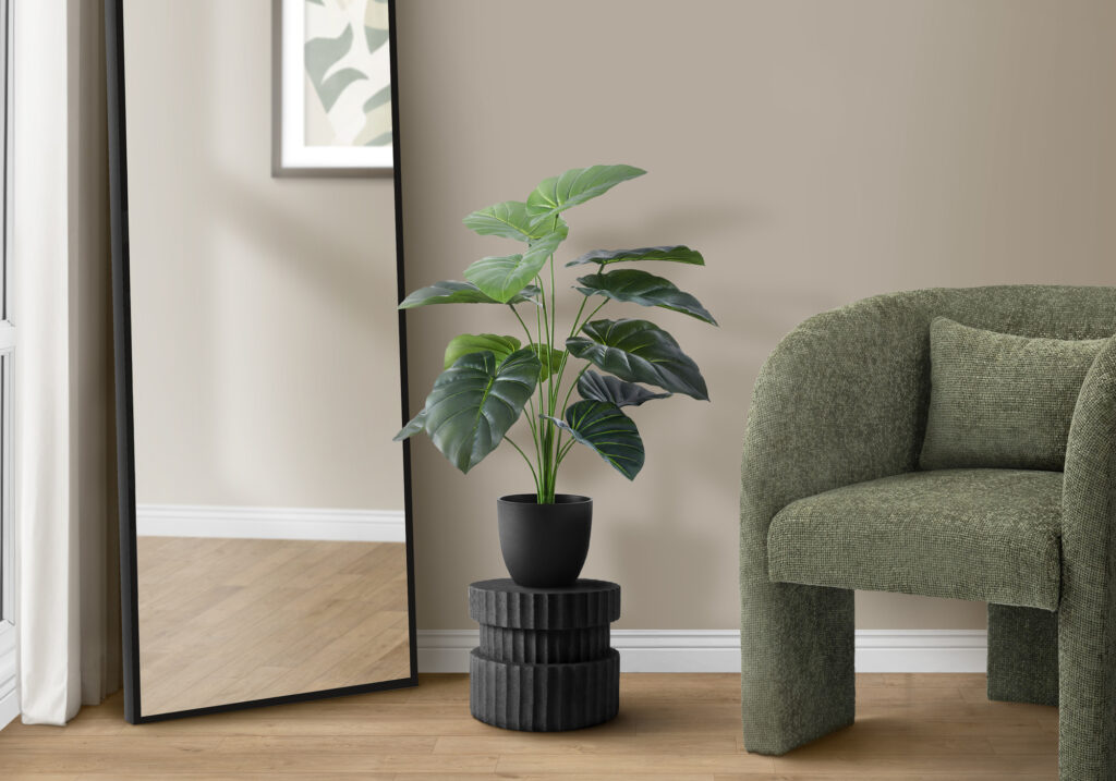 Artificial Plant, 24″ Tall, Alocasia, Indoor, Faux, Fake, Table, Greenery, Potted, Real Touch, Decorative, Green Leaves, Black Pot