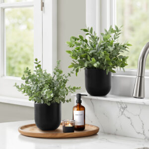 Artificial Plant, 11" Tall, Eucalyptus Grass, Indoor, Faux, Fake, Table, Greenery, Potted, Set Of 2, Decorative, Green Leaves, Black Pots