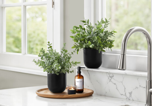 Artificial Plant, 11″ Tall, Eucalyptus Grass, Indoor, Faux, Fake, Table, Greenery, Potted, Set Of 2, Decorative, Green Leaves, Black Pots
