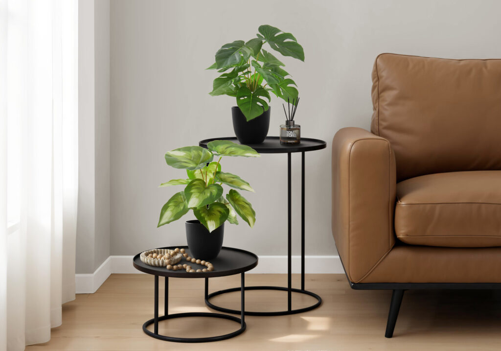 Artificial Plant, 13″ Tall, Monstera Calthea, Indoor, Faux, Fake, Table, Greenery, Potted, Set Of 2, Decorative, Green Leaves, Black Pots
