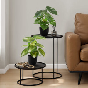 Artificial Plant, 13" Tall, Monstera Calthea, Indoor, Faux, Fake, Table, Greenery, Potted, Set Of 2, Decorative, Green Leaves, Black Pots