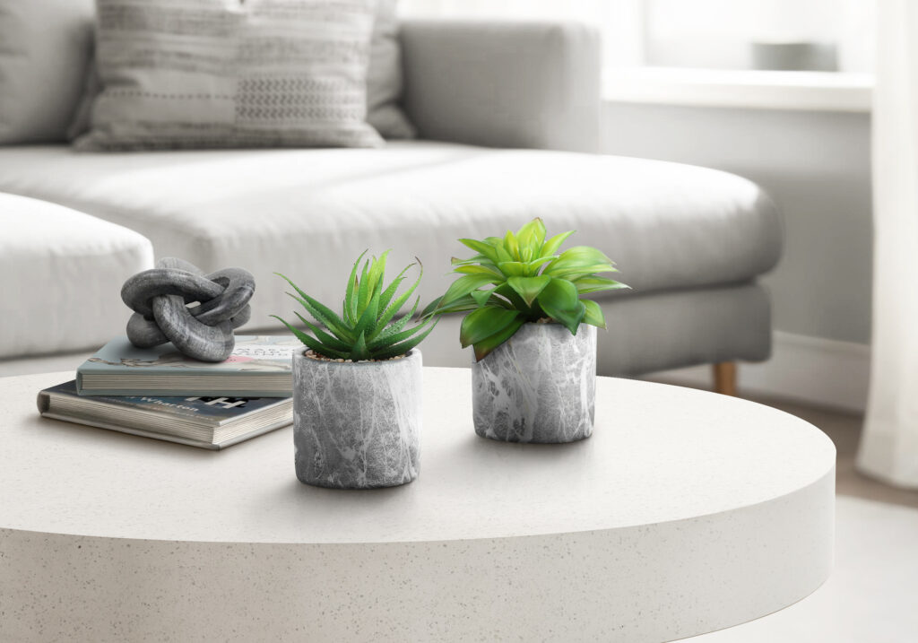 Artificial Plant, 6″ Tall, Succulent, Indoor, Faux, Fake, Table, Greenery, Potted, Set Of 2, Decorative, Green Leaves, Grey Cement Pots