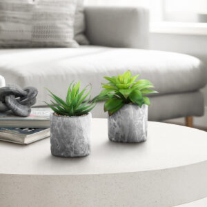 Artificial Plant, 6" Tall, Succulent, Indoor, Faux, Fake, Table, Greenery, Potted, Set Of 2, Decorative, Green Leaves, Grey Cement Pots