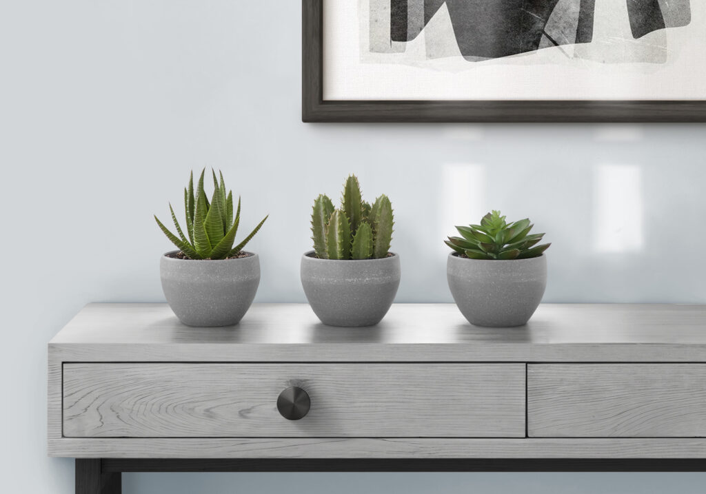 Artificial Plant, 6″ Tall, Succulent, Indoor, Faux, Fake, Table, Greenery, Potted, Set Of 3, Decorative, Green Plants, Grey Cement Pots