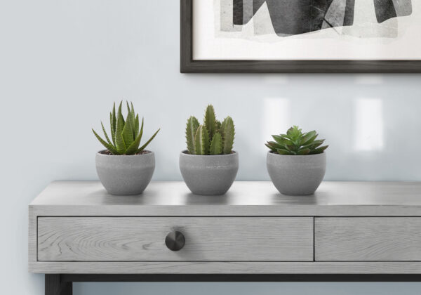 Artificial Plant, 6″ Tall, Succulent, Indoor, Faux, Fake, Table, Greenery, Potted, Set Of 3, Decorative, Green Plants, Grey Cement Pots