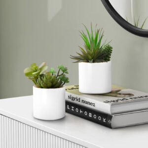 Artificial Plant, 7" Tall, Succulent, Indoor, Faux, Fake, Table, Greenery, Potted, Set Of 2, Decorative, Green Plants, White Ceramic Pots