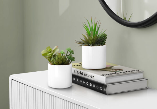 Artificial Plant, 7″ Tall, Succulent, Indoor, Faux, Fake, Table, Greenery, Potted, Set Of 2, Decorative, Green Plants, White Ceramic Pots