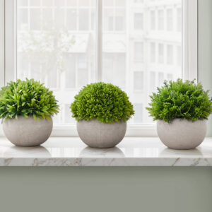 Artificial Plant, 5" Tall, Grass, Indoor, Faux, Fake, Table, Greenery, Potted, Set Of 3, Decorative, Green Plants, Grey Pots