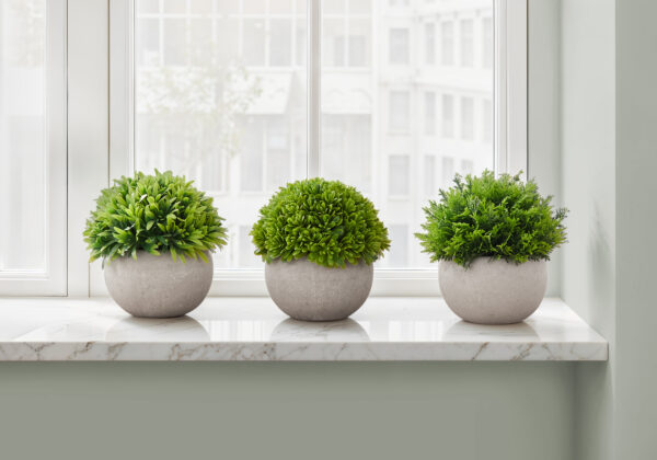 Artificial Plant, 5″ Tall, Grass, Indoor, Faux, Fake, Table, Greenery, Potted, Set Of 3, Decorative, Green Plants, Grey Pots