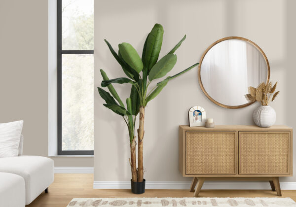 Artificial Plant, 83″ Tall, Banana Tree, Indoor, Decorative, Faux, Floor, Potted, Real Touch, Green Leaves, Black Pot
