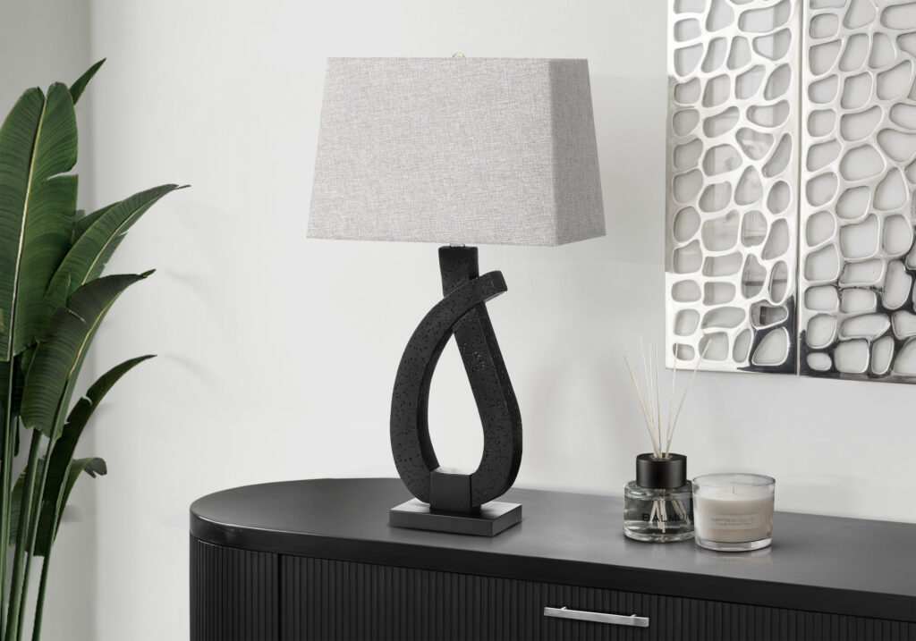 Lighting, 30″H, Table Lamp, Black Resin, Grey Shade, Contemporary