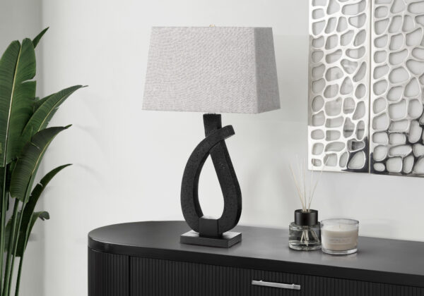 Lighting, 30″H, Table Lamp, Black Resin, Grey Shade, Contemporary