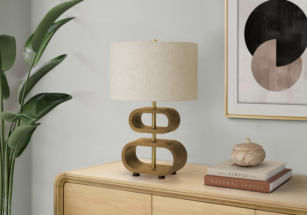 Lighting, 20″H, Brown Wood Look, Beige Shade, Contemporary