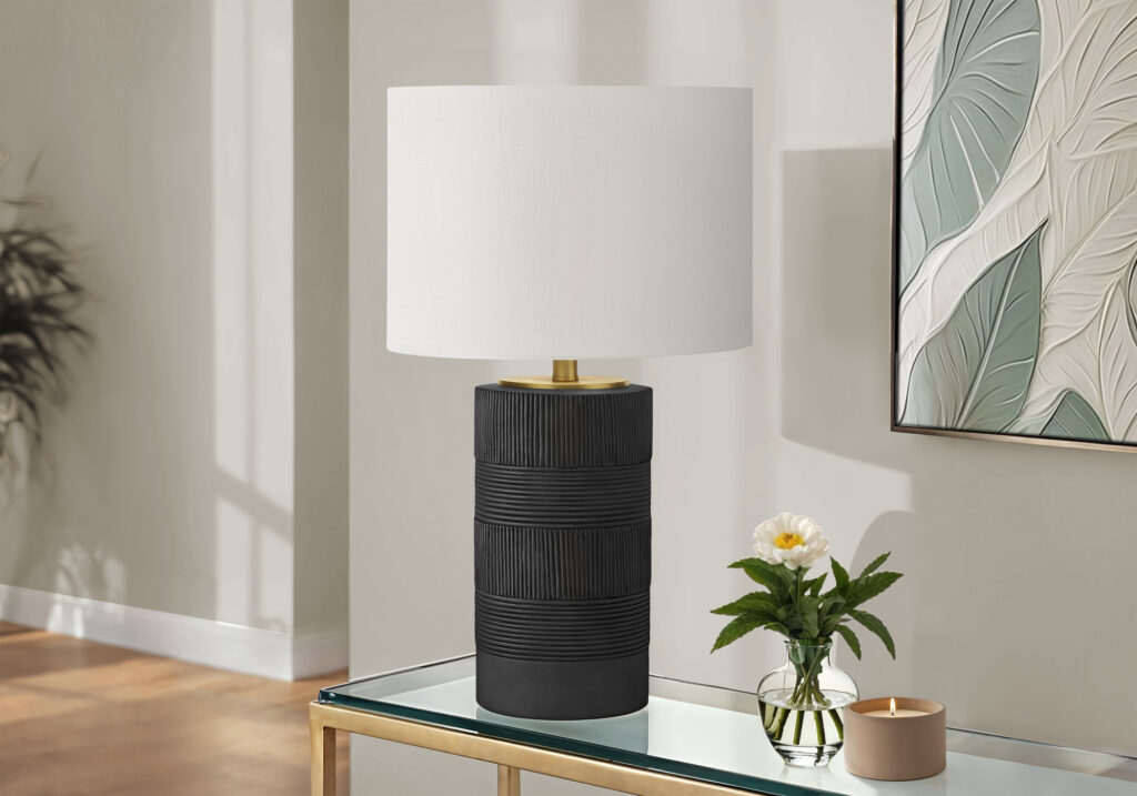 Lighting, 24″H, Table Lamp, Black Resin, Ivory / Cream Shade, Contemporary