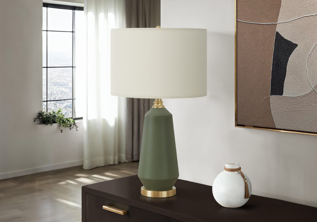 Lighting, 26″H, Table Lamp, Green Ceramic, Ivory / Cream Shade, Contemporary
