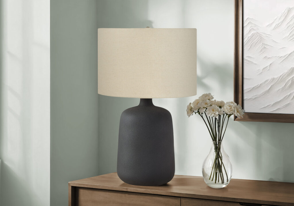 Lighting, 24″H, Table Lamp, Black Ceramic, Beige Shade, Contemporary