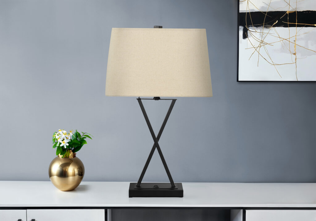 Lighting, 25″H, Table Lamp, Usb Port Included, Black Metal, Beige Shade, Transitional