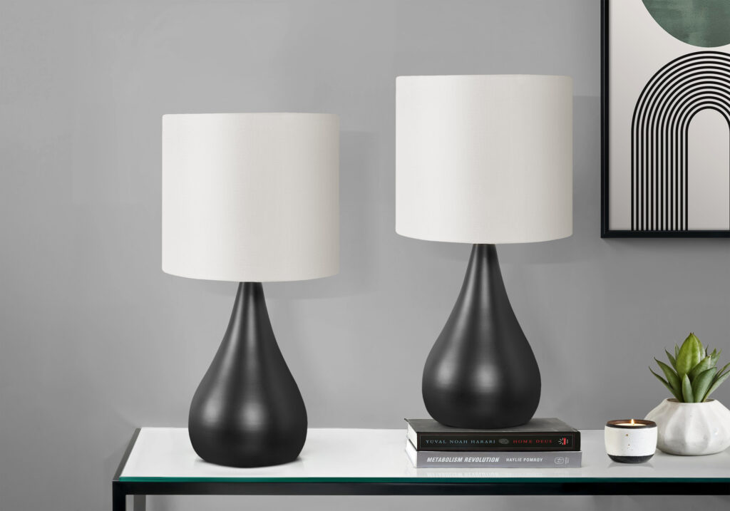 Lighting, Set Of 2, 18″H, Table Lamp, Black Metal, Ivory / Cream Shade, Contemporary
