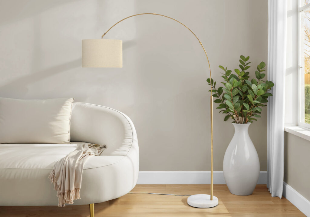 Lighting, 79″H, Floor Lamp, Brass Metal, Beige Shade, Contemporary