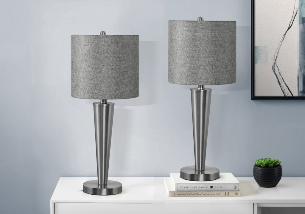 Lighting, Set Of 2, 24″H, Table Lamp, Usb Port Included, Nickel Metal, Grey Shade, Contemporary