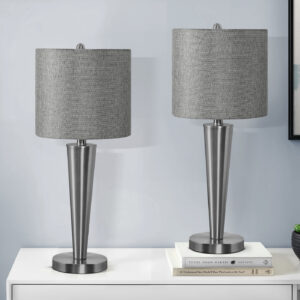 Lighting, Set Of 2, 24"H, Table Lamp, Usb Port Included, Nickel Metal, Grey Shade, Contemporary