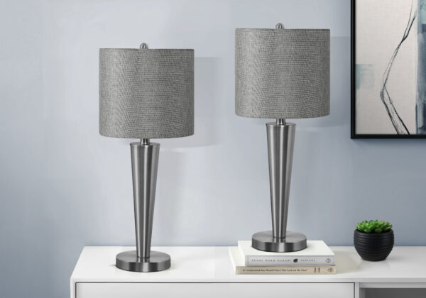 Lighting, Set Of 2, 24″H, Table Lamp, Usb Port Included, Nickel Metal, Grey Shade, Contemporary