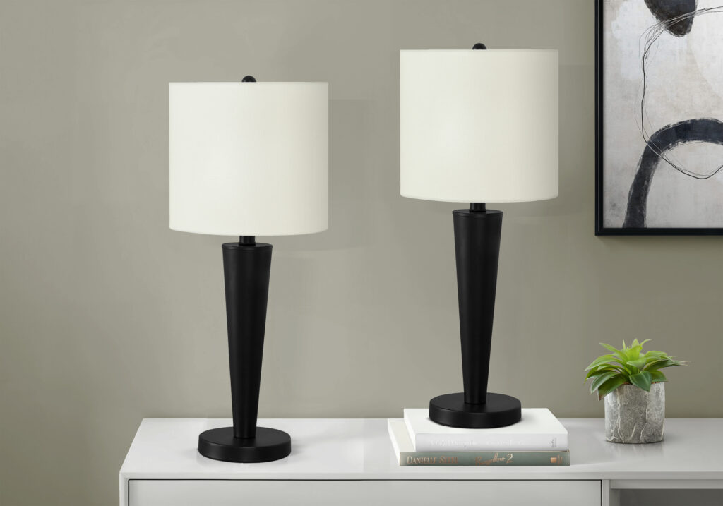 Lighting, Set Of 2, 24″H, Table Lamp, Usb Port Included, Black Metal, Ivory / Cream Shade, Contemporary