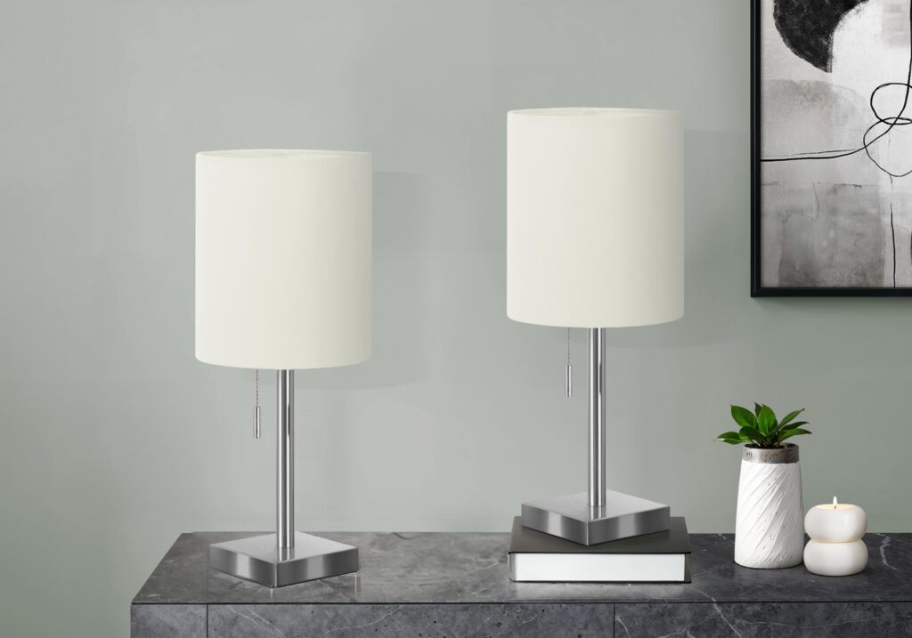 Lighting, Set Of 2, 17″H, Table Lamp, Usb Port Included, Nickel Metal, Ivory / Cream Shade, Contemporary