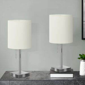Lighting, Set Of 2, 17"H, Table Lamp, Usb Port Included, Nickel Metal, Ivory / Cream Shade, Contemporary