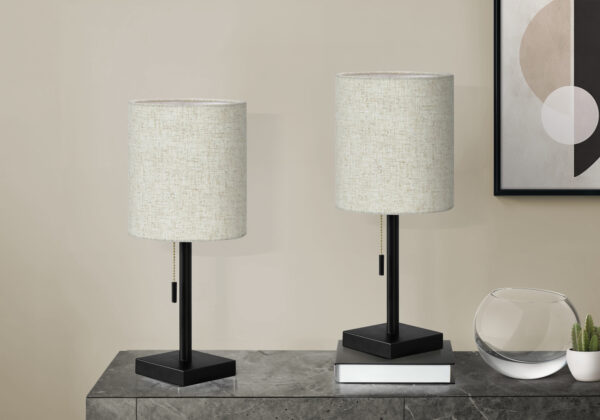 Lighting, Set Of 2, 17″H, Table Lamp, Usb Port Included, Black Metal, Beige Shade, Contemporary
