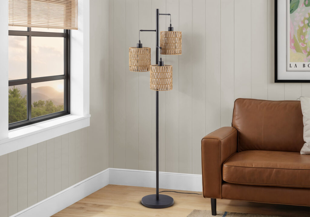Lighting, 73″H, Floor Lamp, Natural Rope, Black Metal, Modern