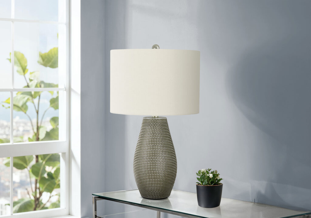 Lighting, 24″H, Table Lamp, Grey Resin, Ivory / Cream Shade, Contemporary