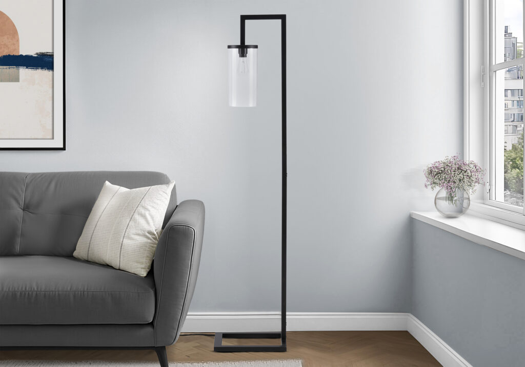 Lighting, 68″H, Floor Lamp, Black Metal, Glass Shade, Contemporary