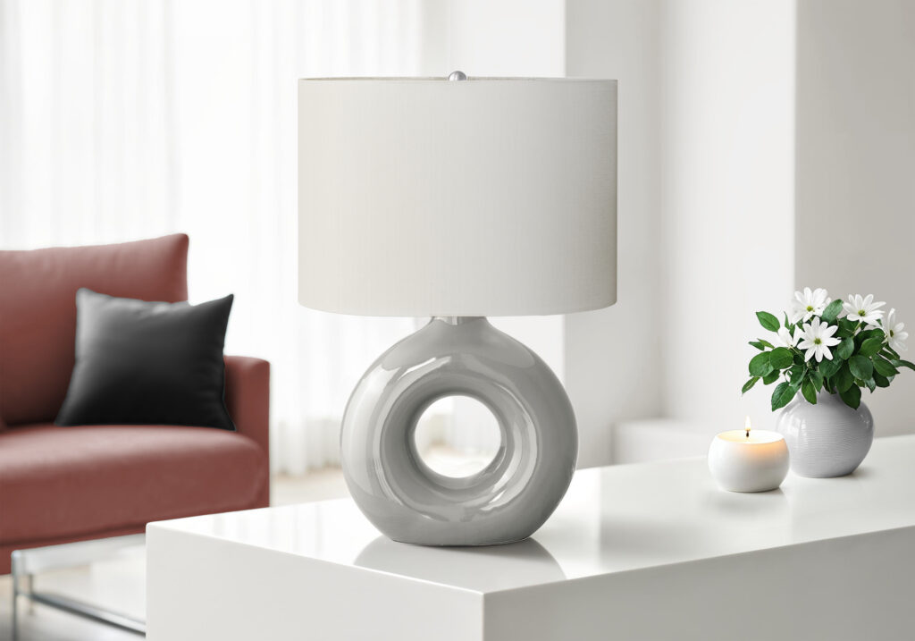 Lighting, 24″H, Table Lamp, Grey Ceramic, Ivory / Cream Shade, Contemporary, Modern