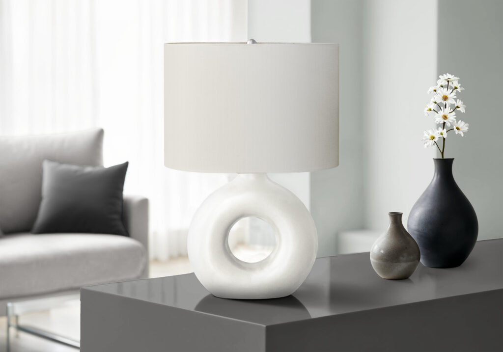 Lighting, 24″H, Table Lamp, White Ceramic, Ivory / Cream Shade, Contemporary, Modern