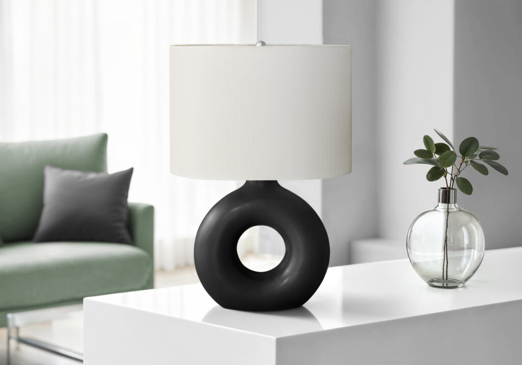 Lighting, 24″H, Table Lamp, Black Ceramic, Ivory / Cream Shade, Contemporary, Modern