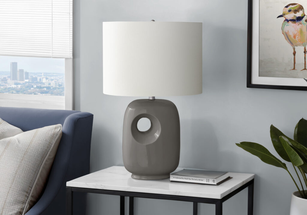 Lighting, 26″H, Table Lamp, Dark Grey Ceramic, Ivory / Cream Shade, Contemporary