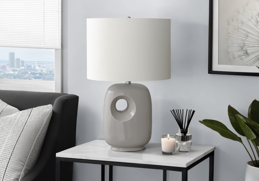 Lighting, 26″H, Table Lamp, Grey Ceramic, Ivory / Cream Shade, Contemporary, Modern