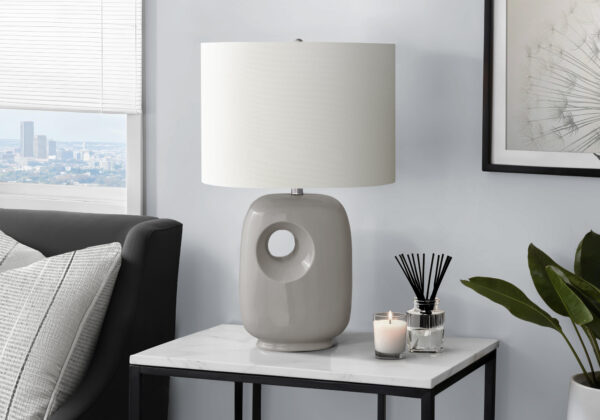 Lighting, 26″H, Table Lamp, Grey Ceramic, Ivory / Cream Shade, Contemporary, Modern