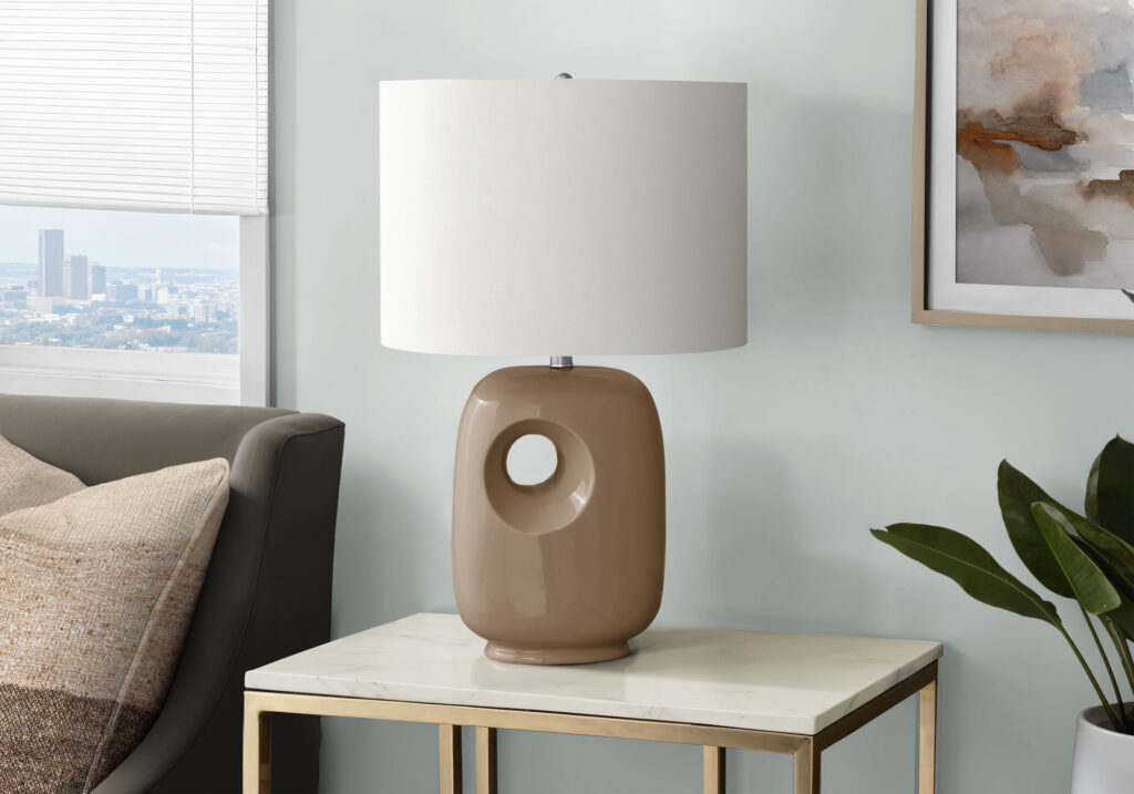 Lighting, 26″H, Table Lamp, Brown Ceramic, Ivory / Cream Shade, Contemporary, Modern
