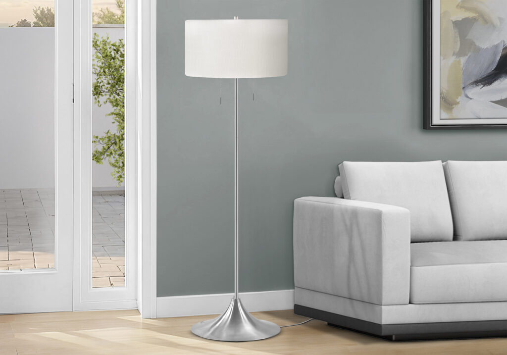 Lighting, 61″H, Floor Lamp, Silver Metal, Ivory / Cream Shade, Contemporary