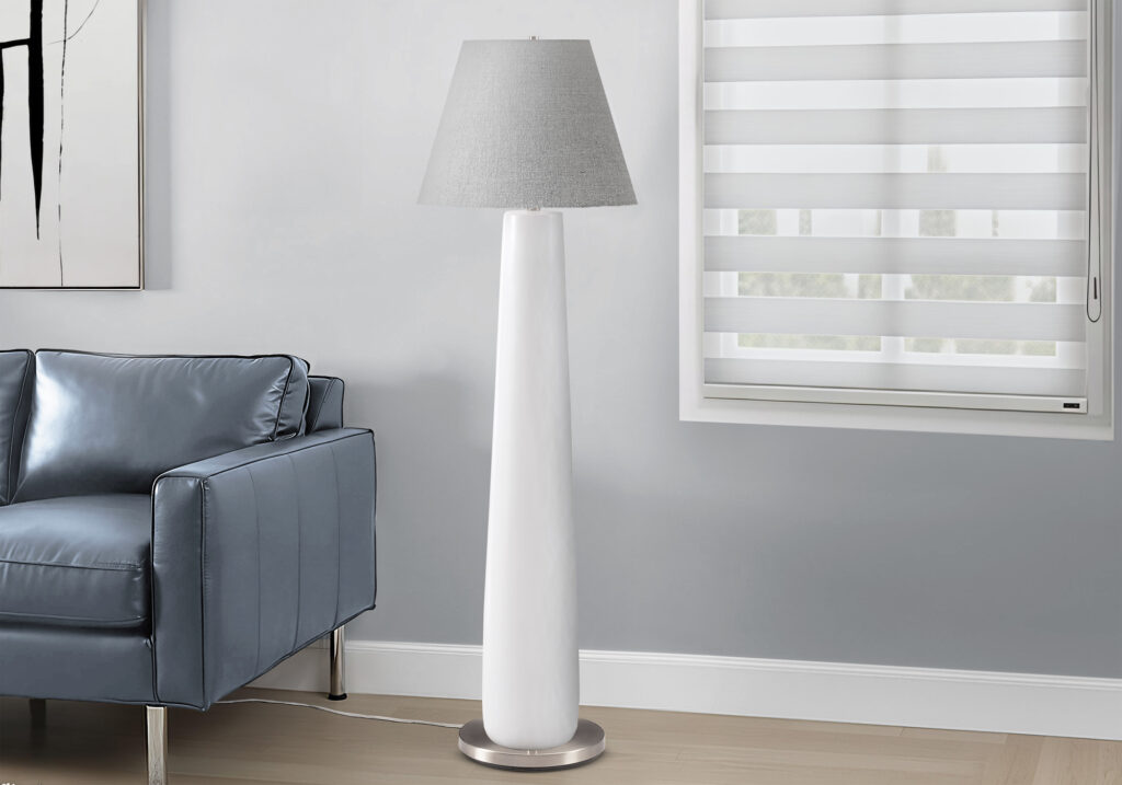 Lighting, 61″H, Floor Lamp, White Resin, Grey Shade, Contemporary